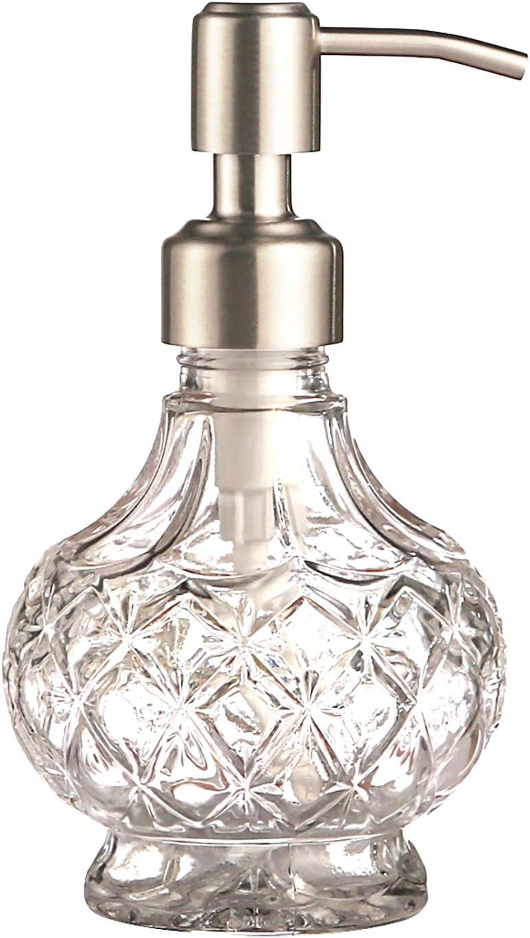 Soap Dispenser with Stainless Steel Pump, Clear Crystal Design, Vintage and Elegant, Refillable Liquid Hand Soap Dish Soap Dispensers for Bathroom Counter, Kitchen Sink (Style 1)