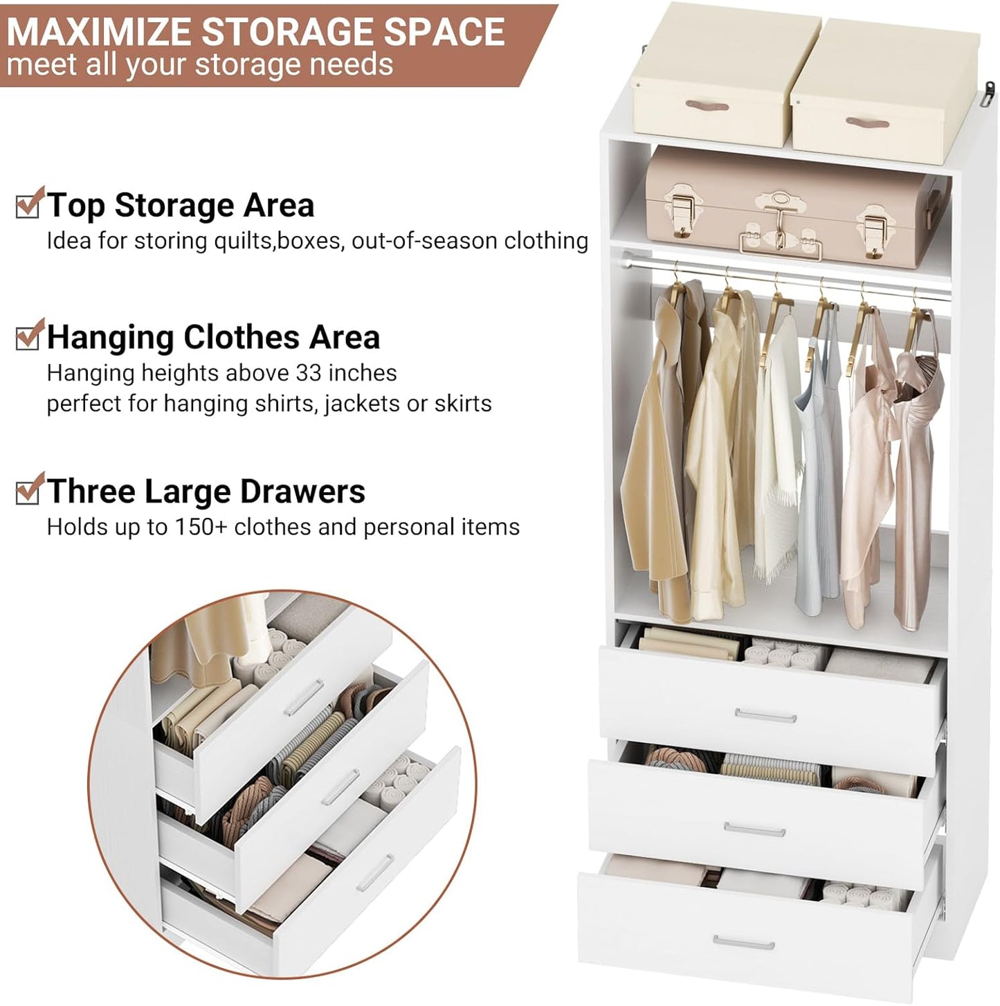 Freestanding 2FT Closet System with 3 Wood Drawers, 24" Closet Organizer System with Hanging Rod & Shelves, Walk-in Closet Systems for Small Closets, White (24"L x 15" W x 80" H)
