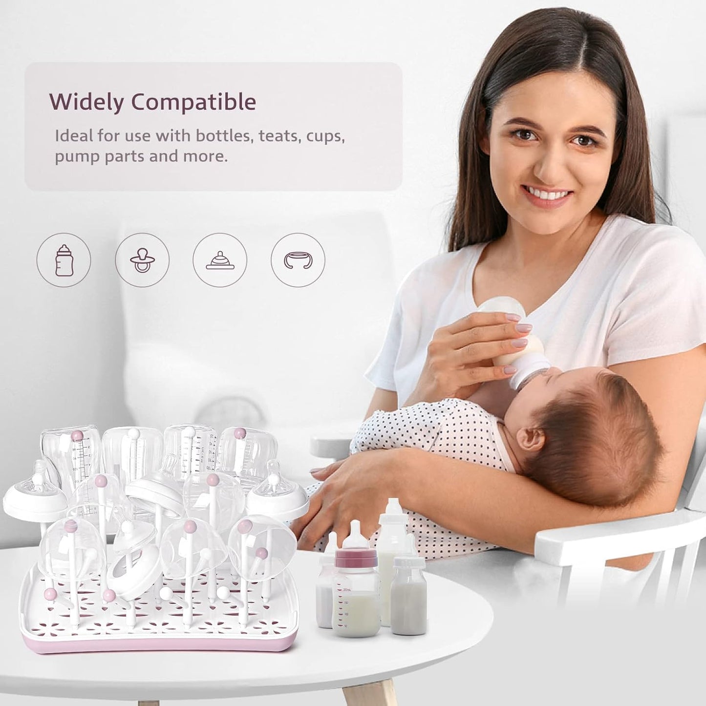 Termichy Baby Bottle Drying Rack, Large Capacity Baby Bottle Rack for Bottles, Dry Rack with Removable Water Tray(Pink)