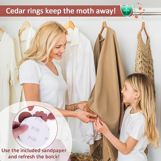 Woodever 90 Pack Cedar Blocks for Clothes Storage, 100% Natural Aromatic Cedar Rings for Wardrobes and Drawers, 20 Rings 20 Garlands and 50 Hearts, with Sandpaper and Sachets