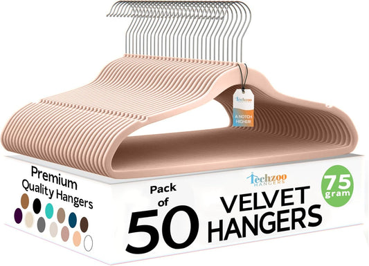 50 Pack New Premium Quality Velvet Hangers Ultra Thin Non Slip Adult Felt Space Saving Hangers for Closet Heavy Duty Coat Pants Jackets Dress Hangers 360° Swivel Hook Hold Upto 10lbs Rose Gold