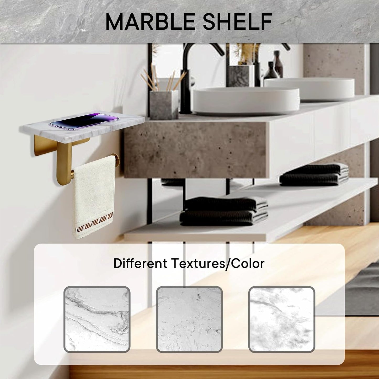 Toilet Paper Holder with Natural Marble Shelf for Bathroom Washroom,Wall Mounted Tissue Holder Suitable for Mega Roll (Brushed Gold, Middle 7.87 * 4.72 in)