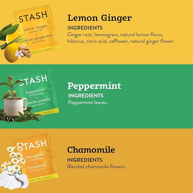 Stash Tea Comfort Classics Herbal Tea Sampler - Assortment of Non-Caffeinated Teas Including Peppermint, Chamomile and Lemon Ginger Teas, 18-20 Count (Pack of 3)
