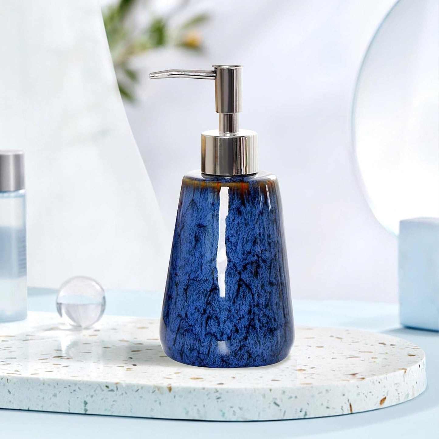 Jessie Ceramic Hand Soap Dispenser Bathroom,Kiln Variable Glaze Lotion Dispenser with Pump 11 oz Modern Vintage Dish Soap Dispenser Refillable Liquid Soap Bottles for Bathroom Kitchen (Blue)