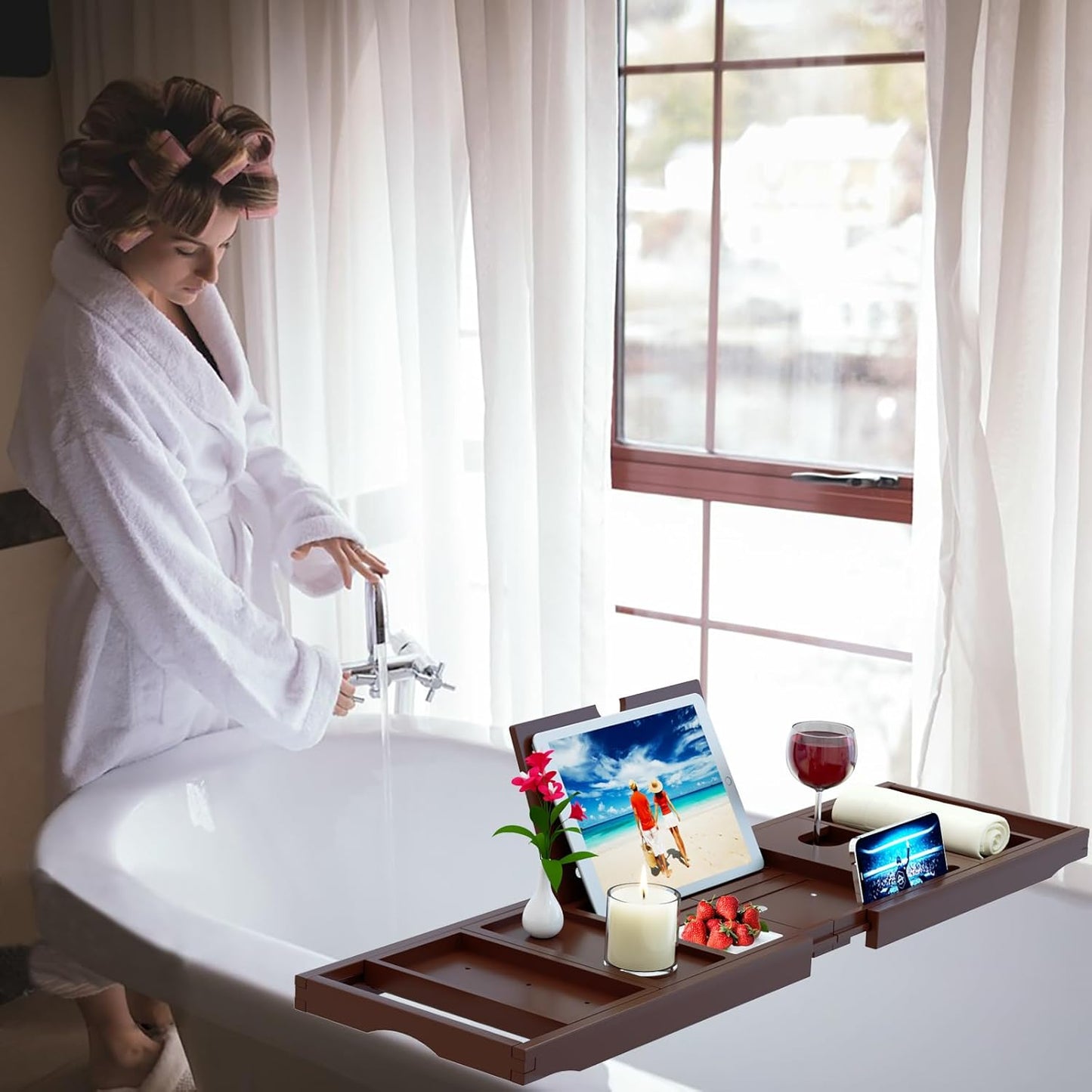 Premium Bamboo Bathtub Caddy Tray - Bath Tray - Bath Tub Tray Table for Bathtub - Expandable Size, Fits Most Bath Tubs - Brown