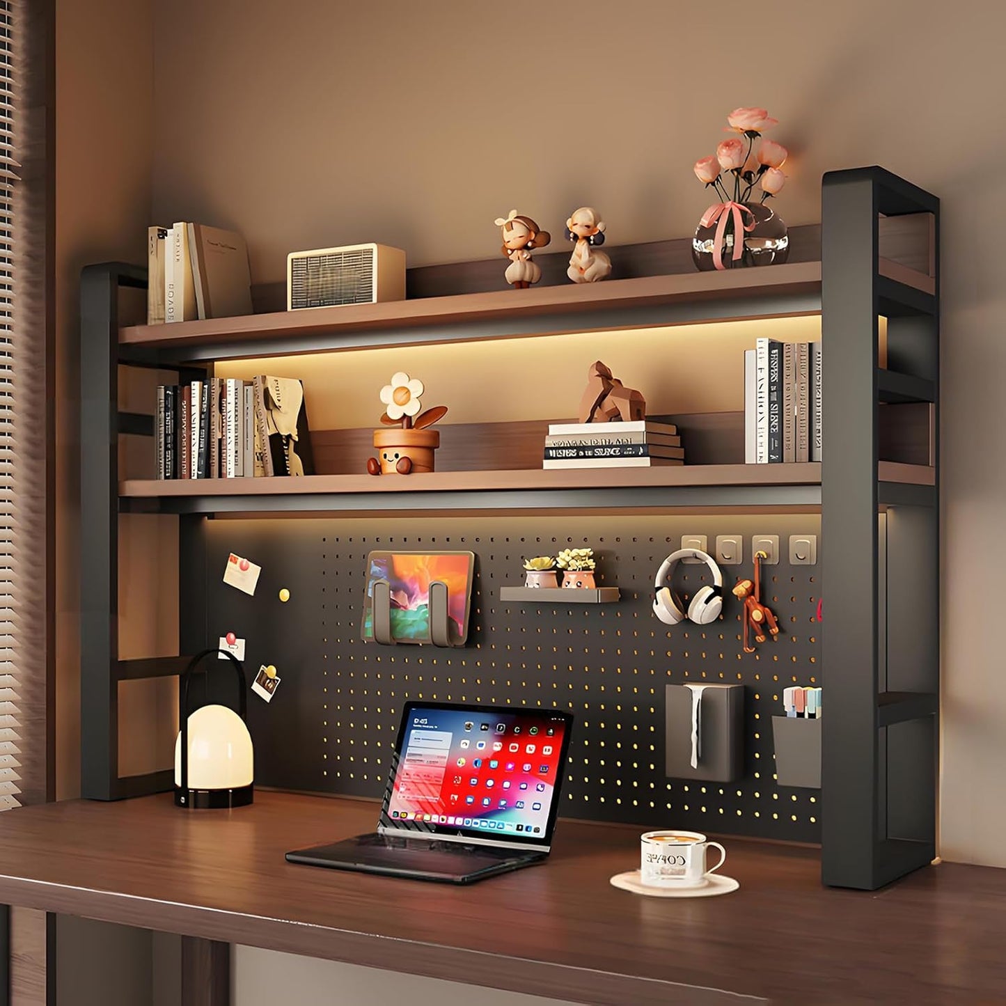 2/3 Tier Desk Hutch with Pegboard, Desk Shelf Organizer with Metal Frame, Space Saving Desktop Bookshelf, Desktop Shelf Organizer Display Rack for Study Table, Home, Of Black+Brown 53×10×37"(3-Tiers)