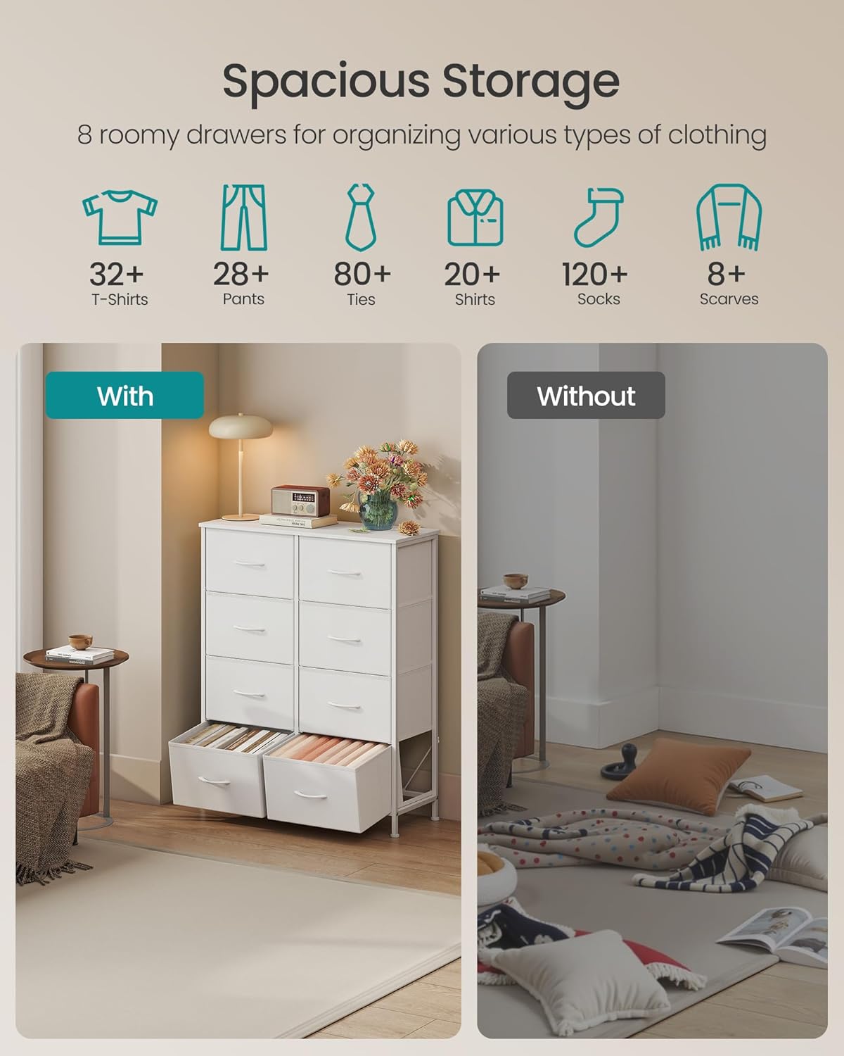 SONGMICS Dresser for Bedroom, Chest of Drawers, Steel, MDF, 8 Non-Woven Fabric Drawers, Storage Organizer Unit, Closet, Entryway, Cloud White and Snow White ULGS124W01S