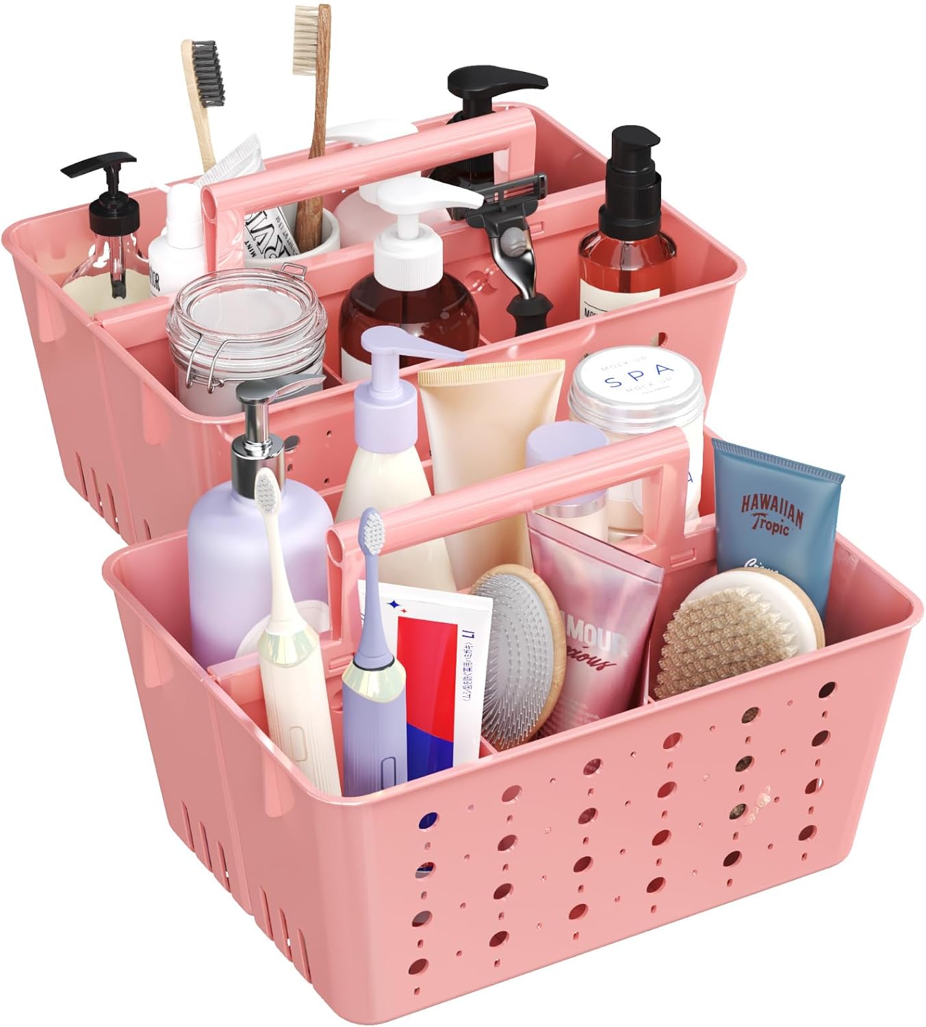 Lifewit Portable Shower Caddy with Handle, 2 Pcs Plastic Shower Caddy Dorm with Holes, Clean Organizer Basket for Bathroom, College, Dorm Room Essentials, Pink