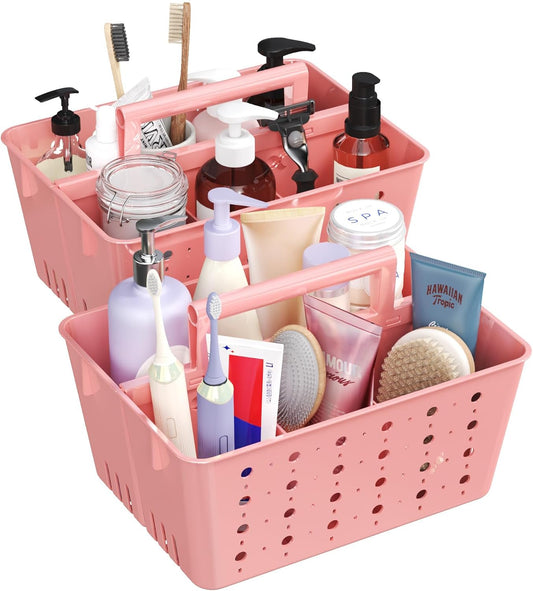 Lifewit Portable Shower Caddy with Handle, 2 Pcs Plastic Shower Caddy Dorm with Holes, Clean Organizer Basket for Bathroom, College, Dorm Room Essentials, Pink