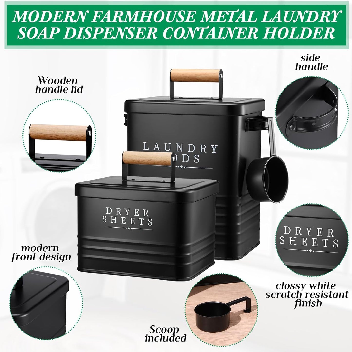 2 Pcs Laundry Pod Container with Dryer Sheet Holder Farmhouse Laundry Room Decor Organization and Storage Detergent Container Box with Lid Handle Metal Dryer Sheet Dispenser(Black)