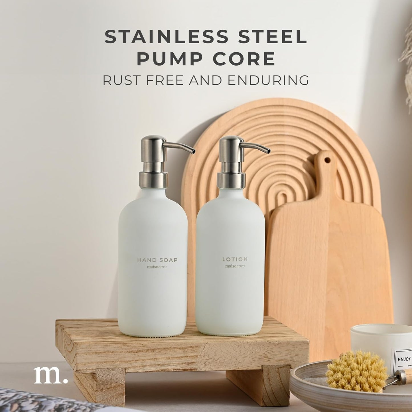 MaisoNovo Soap Dispenser 2-Piece Set | 16.9oz White Bottles with Silver Stainless Steel Pumps