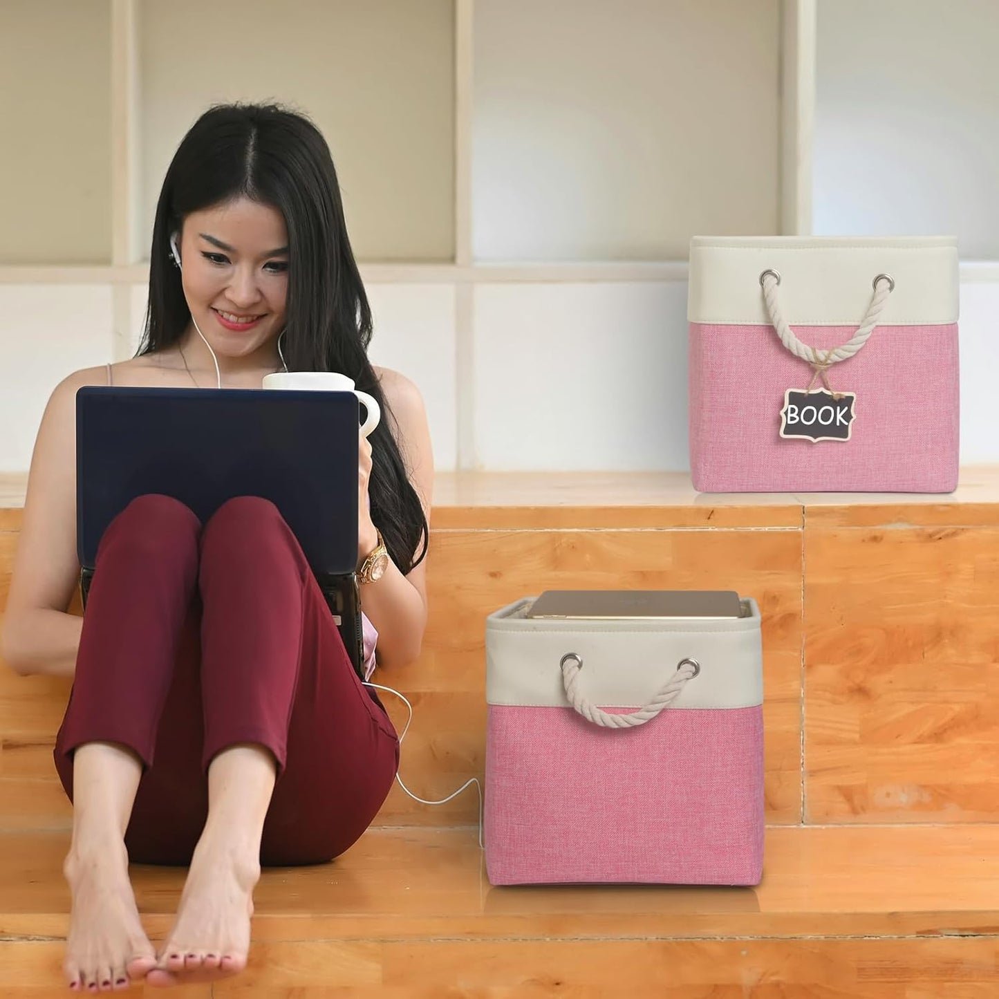 storage cubes 11x11x11[6 Pack],Fabric Storage Cubes with Rope Handles, Eco-Friendly Linen Collapsible Organizers for Closet, Nursery, Toys, Office, Bathroom – Dual Color Design.(White&Pink)