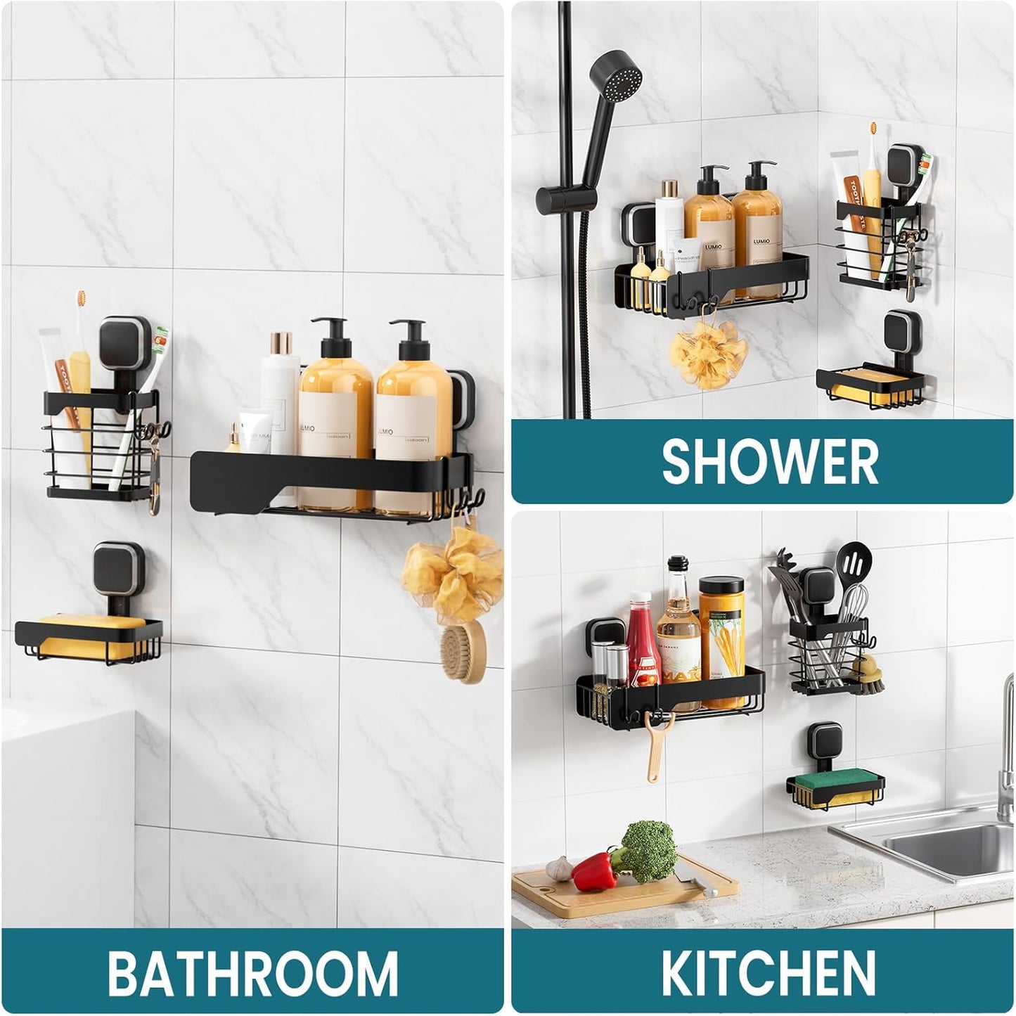 TAILI Shower Caddy Suction Cup 3 Pack, Stainless Steel Rustproof Shelves with Soap Holder Set, Drill-Free Wall Mounted Basket, Heavy Duty Removable Bathroom Organizers & Home Decor, Black