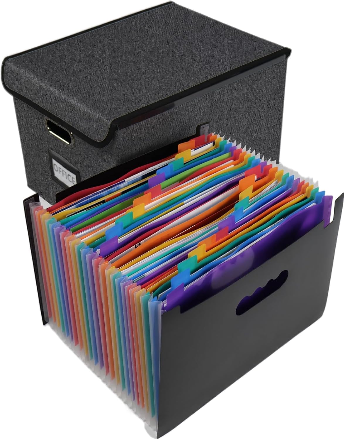 File Organizer Box with Folder, Accordion File Organizer 25 Pockets, File Folder Organizer with Lid for Home, Office, School, Dark Grey