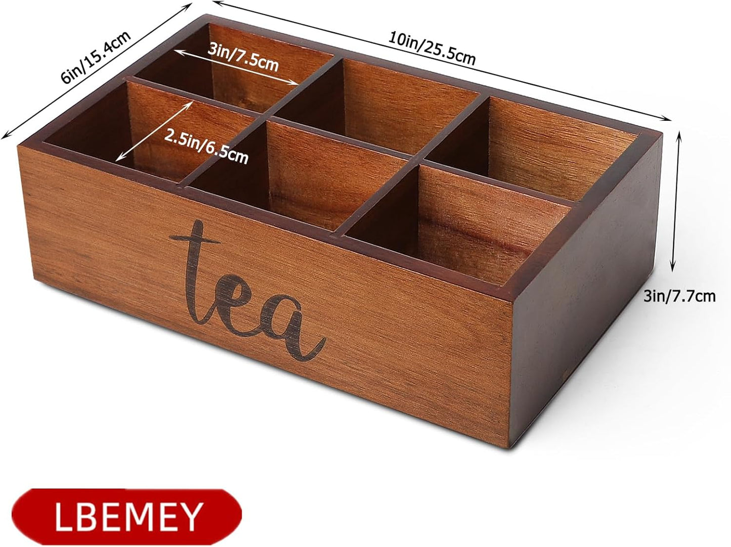 Tea Bag Organizer,Acacia Wood Tea Storage Containers with 6 Compartments, Sugar Packet Holder,Tea Bag Caddy Box for Cabinet Countertop Office (Brown-Labeled "Tea")