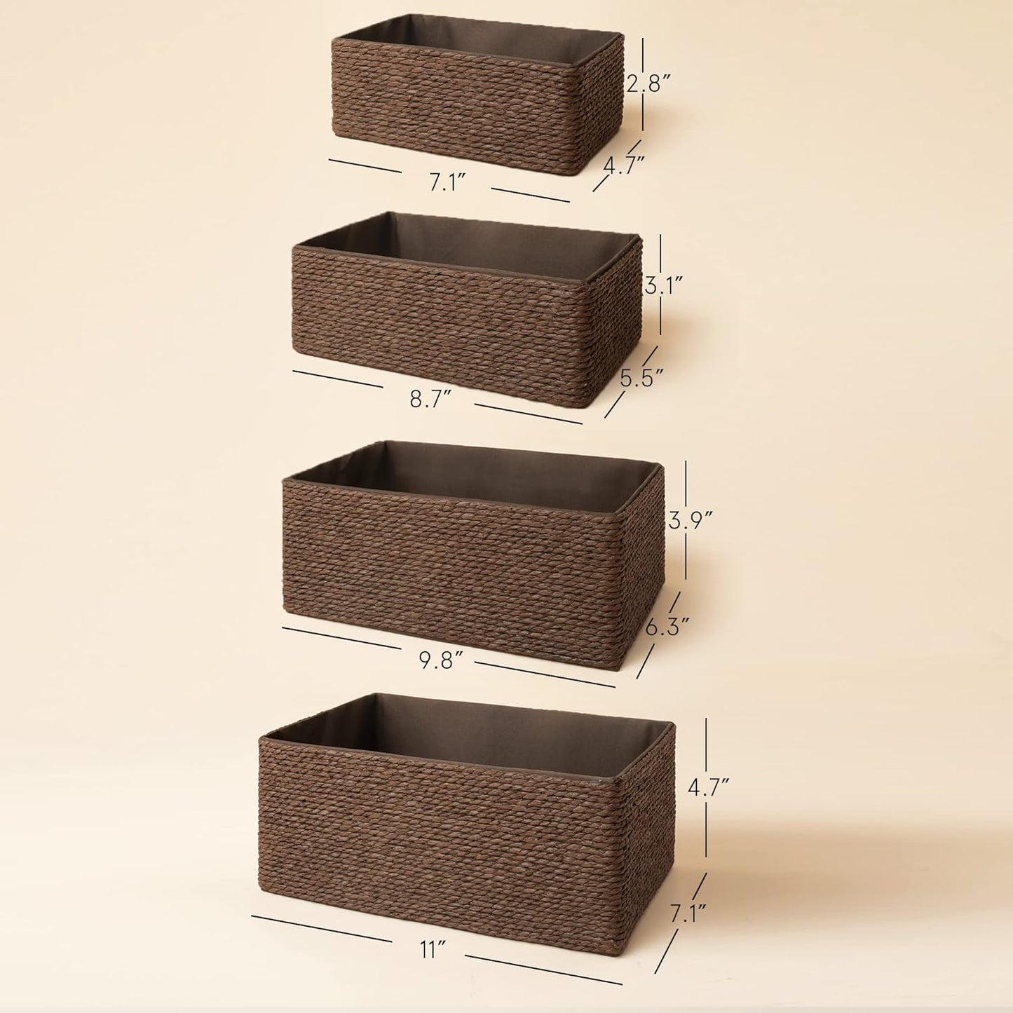 LA JOLIE MUSE Paper Rope Woven Storage Basket Set of 4 with Fabric Liner, Stackable Multipurpose Organizer Bin, Brown