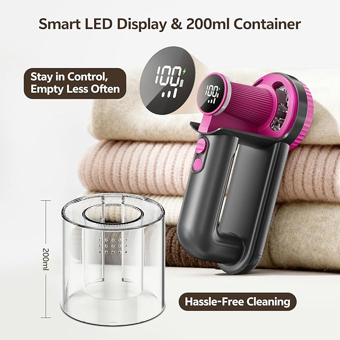 Rechargeable Fabric Shaver, 2-in-1 Lint Remover for Clothing, Furniture, Sweater with 6-Blade, 200ml Container, LED Display, 2000mAh USB-C, 3-Speed Lint Shaver Eliminates Fuzz & Pilling