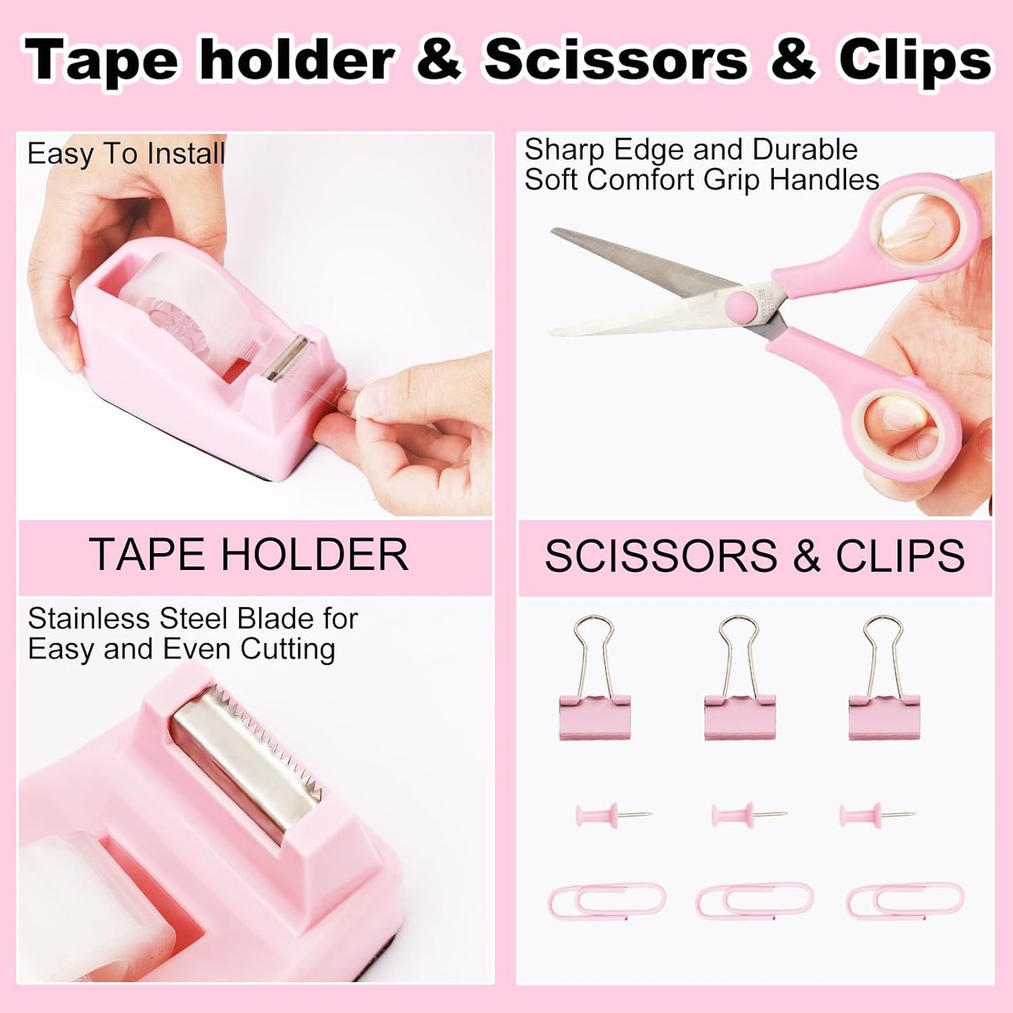 Desk Organizers and Accessories Set with 360-Degree Rotating Pen Holder, Tape Dispenser, Stapler, Staple Remover, 1000 Staples, Tape, Clips Set, Ruler, Scissor, Pen