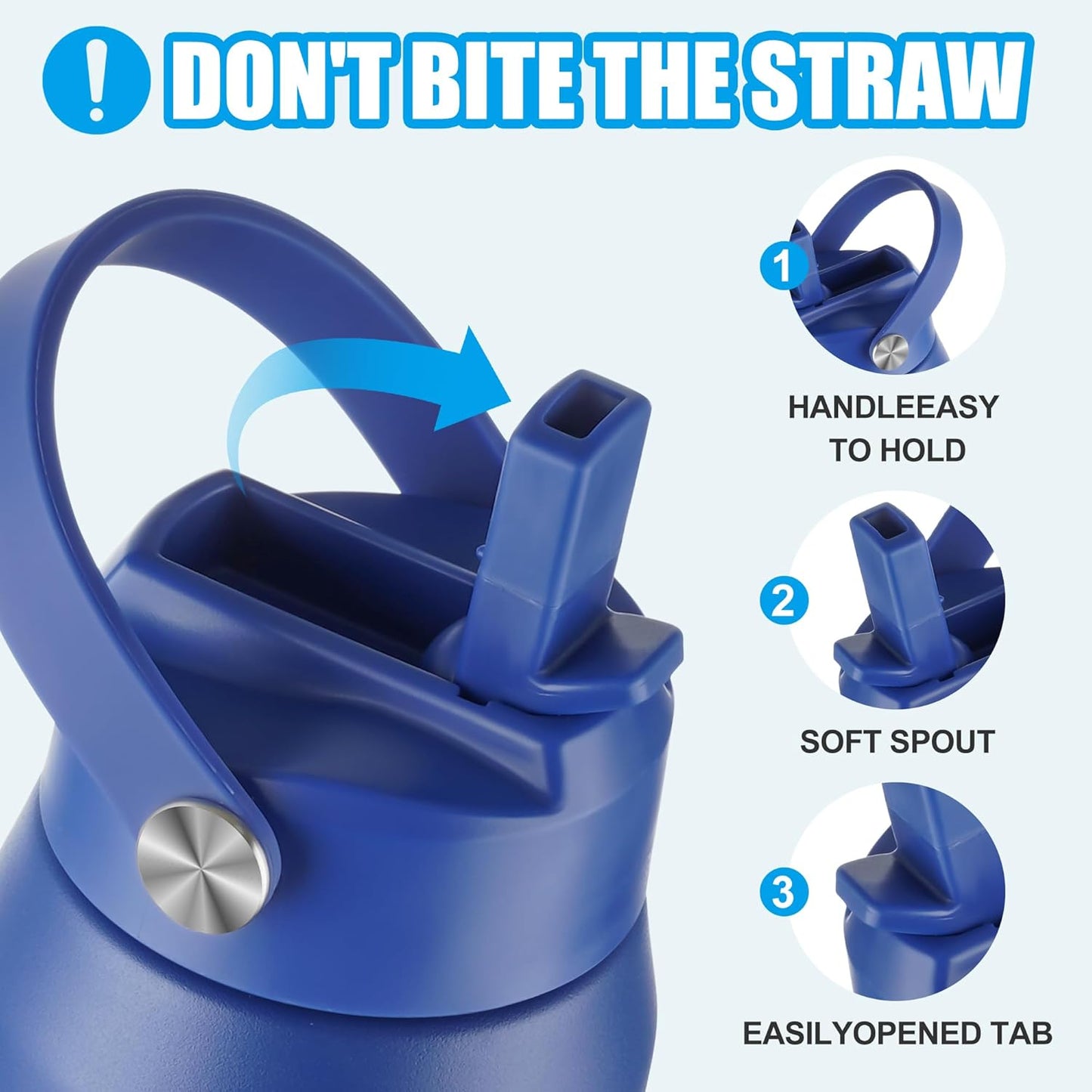 OLDLEY kids Water Bottle - 18oz Insulated Stainless Steel - Wide Straw Lid, Non Spill, Leakproof, Kids Water Bottle for School,Blue