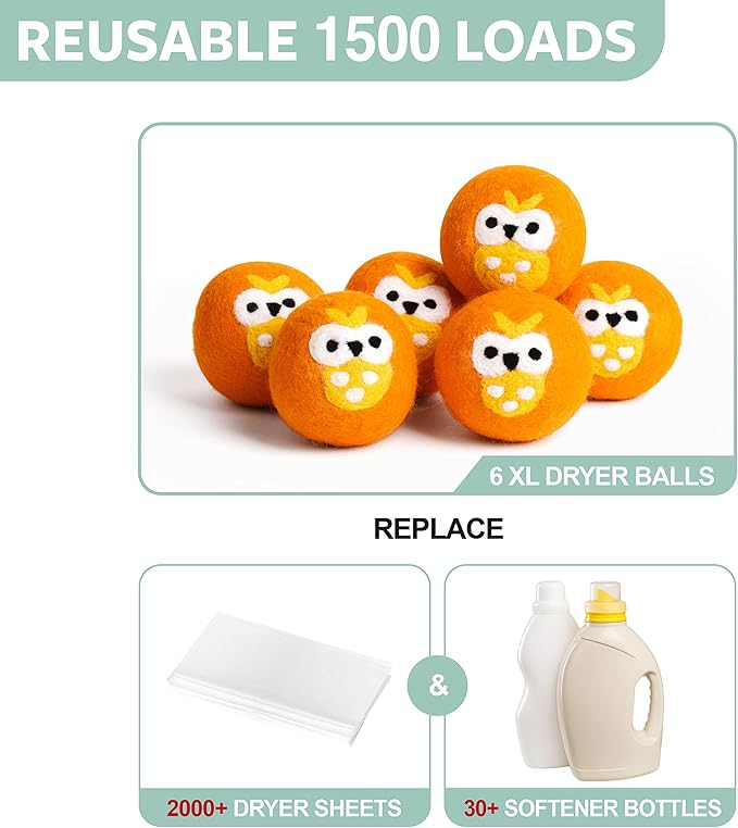 Calindiana 100% Organic Premium New Zealand Wool Dryer Balls Laundry Reusable Fabric Softener, Cute Dryer Sheets Alternative, Anti Static XL Size 6 Pack, Orange Owl