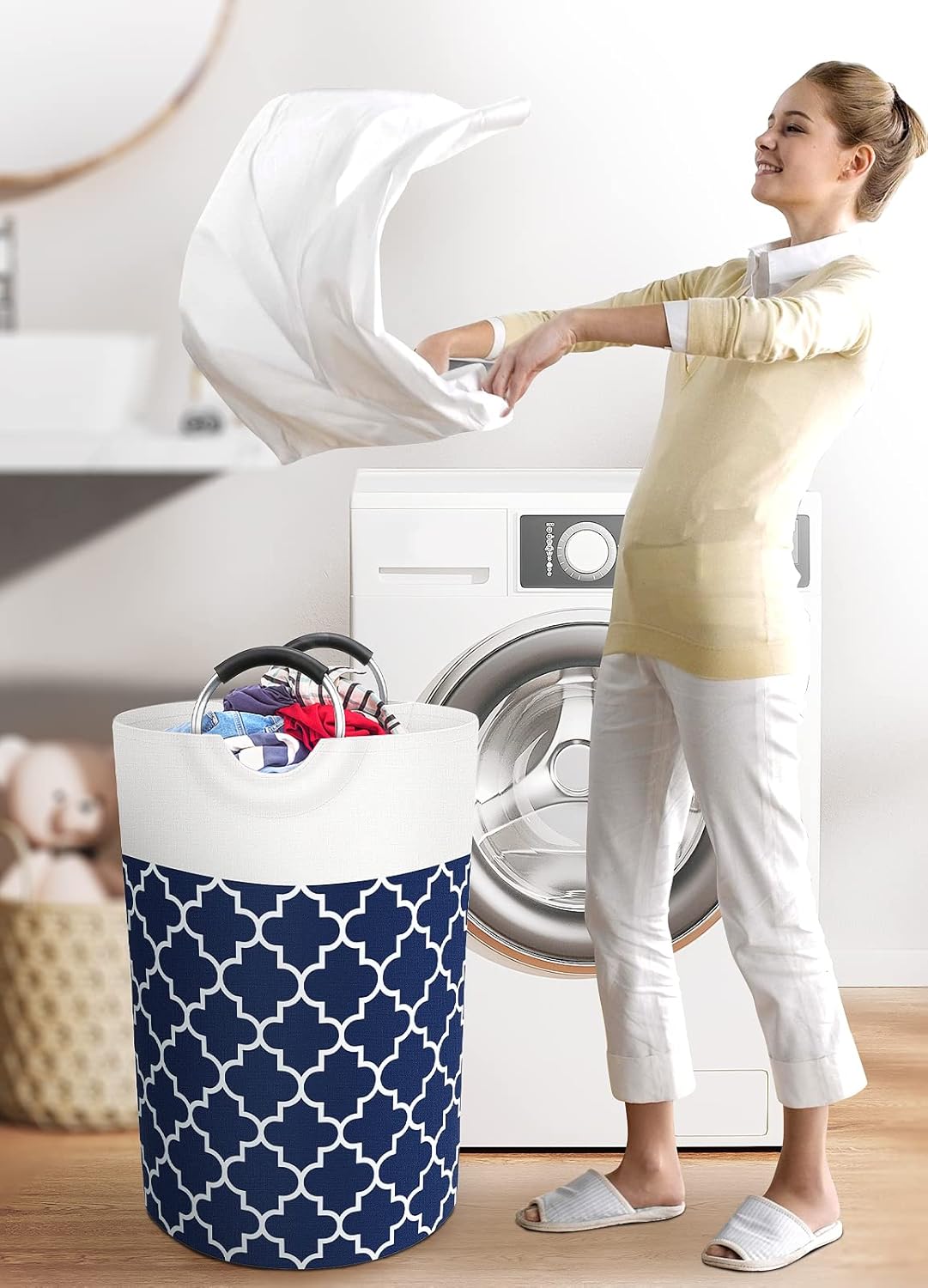 Large Laundry Basket Laundry Hamper Bag Washing Bin Clothes Bag Collapsible Tall With Handles Waterproof Travel Bathroom College Essentials Storage For College Dorm, Family (Blue)75L