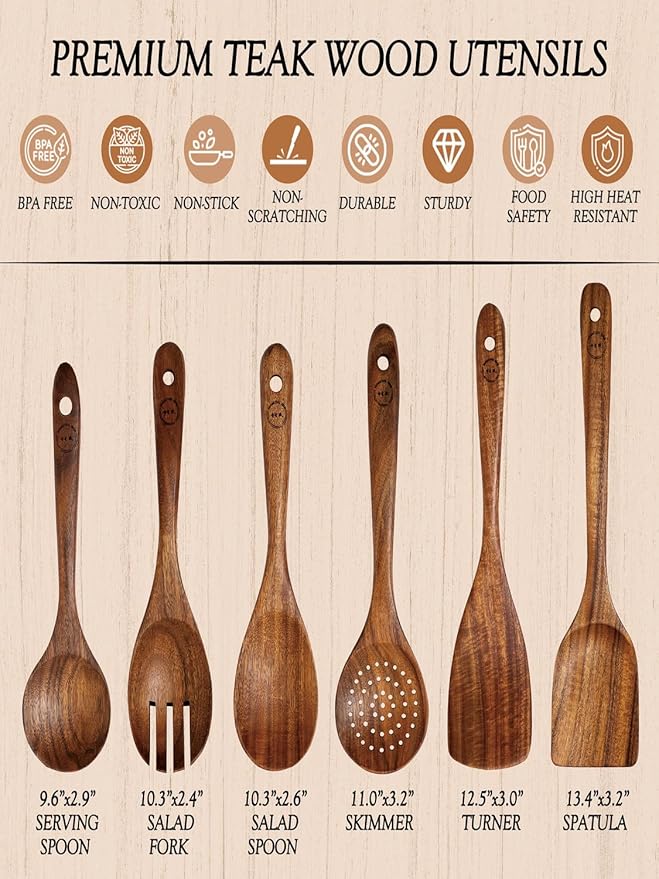 100% Natural Teak Wood Wooden Utensil Set – 6 Pcs Durable Kitchen Spoons for Cooking – Non-Stick & Heat Resistant, Eco-Friendly & Comfortable Grip
