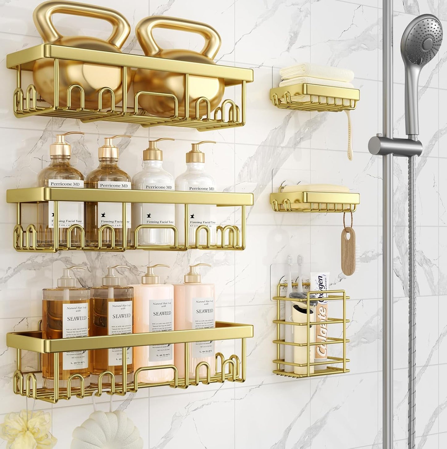 Veken Adhesive Shower Caddy 6-Pack,Gifts for Women Mom,Heavy Weight Bearing,Large Wall Mounted Bathroom Shelves Rack,Organizer Storage Accessories with Soap Dish&Toothbrush Holder,Bright Gold