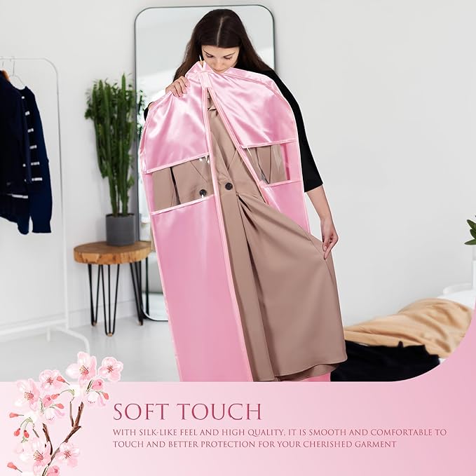 Univivi Super Soft Satin Garment Bags for Hanging Clothes, 60 Inch Zippered Dress Cover with Gussets, Breathable & Non-smell for Dresses, Coats, Jackets, Shirts, 2 Pack - Pink