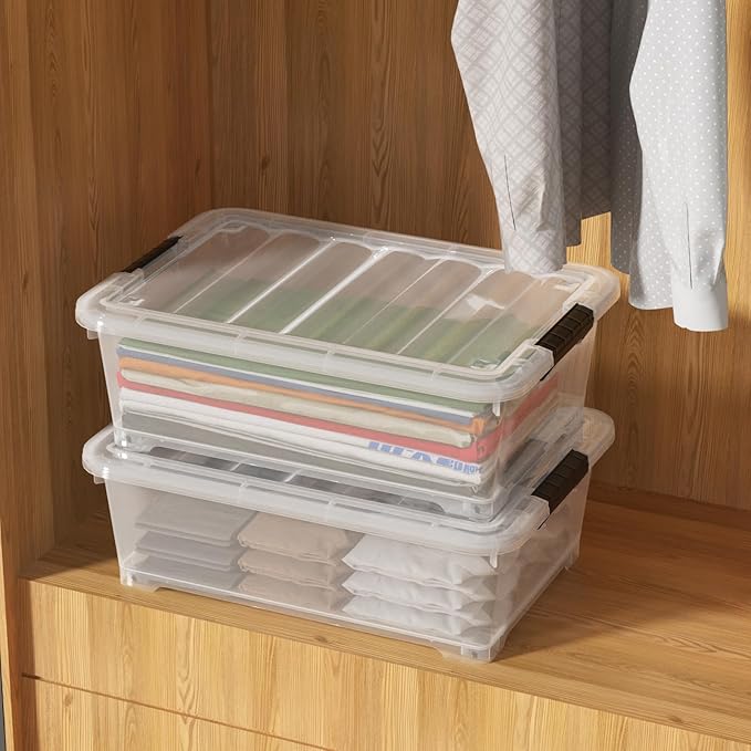 20 Quart Under Bed Plastic Latch Storage Totes with Wheels, Clear Underbed Storage Container, 4 Packs