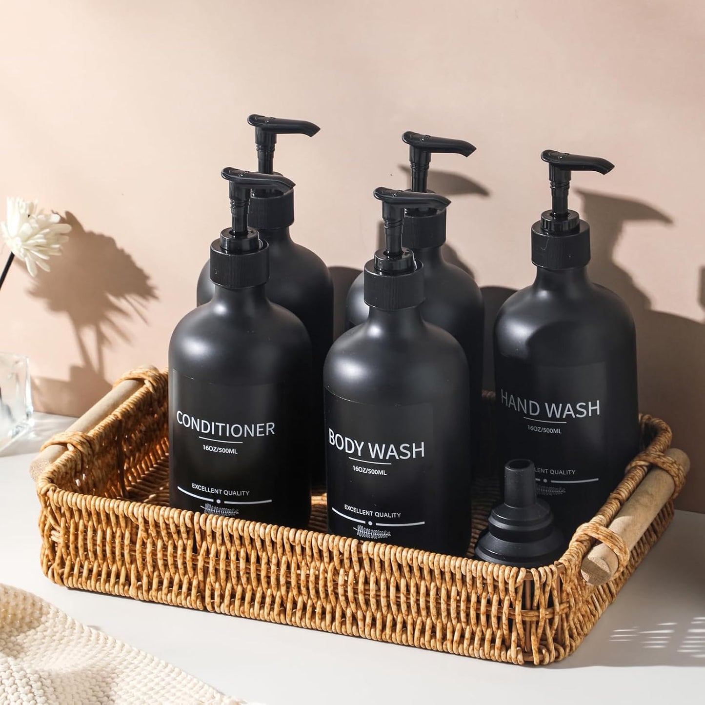 Reusable Shampoo and Conditioner Bottles (5Pack Matte Black) Plastic 16.9oz Dispenser for Conditioner,Shampoo Containers for Shower