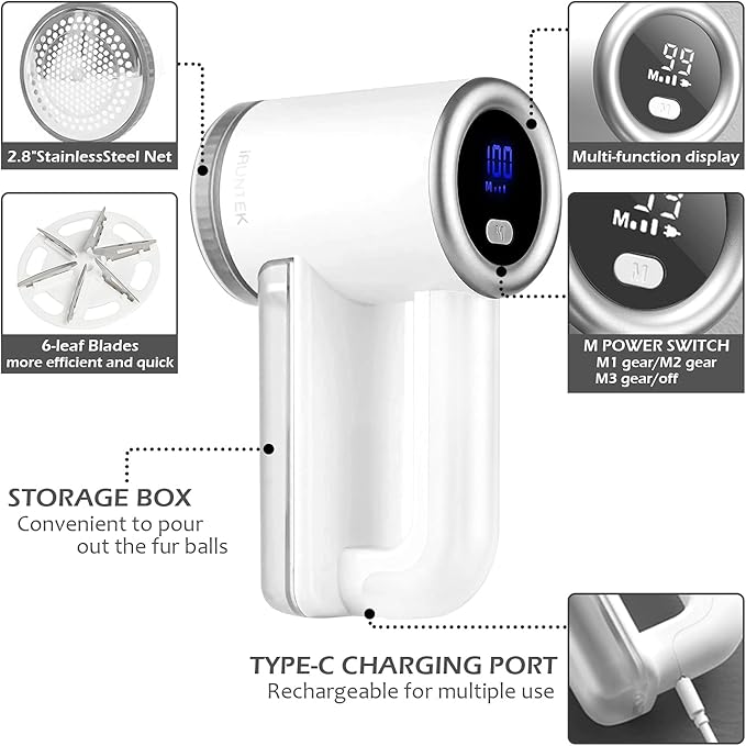 iRUNTEK Rechargeable Fabric Shaver, Electric Commercial Lint Remover with LED Display & Big Trash Box, 3-Speeds for Removing Fuzz and Pill from Clothes, Furniture, Sweater, Couch and Blanket, Silver