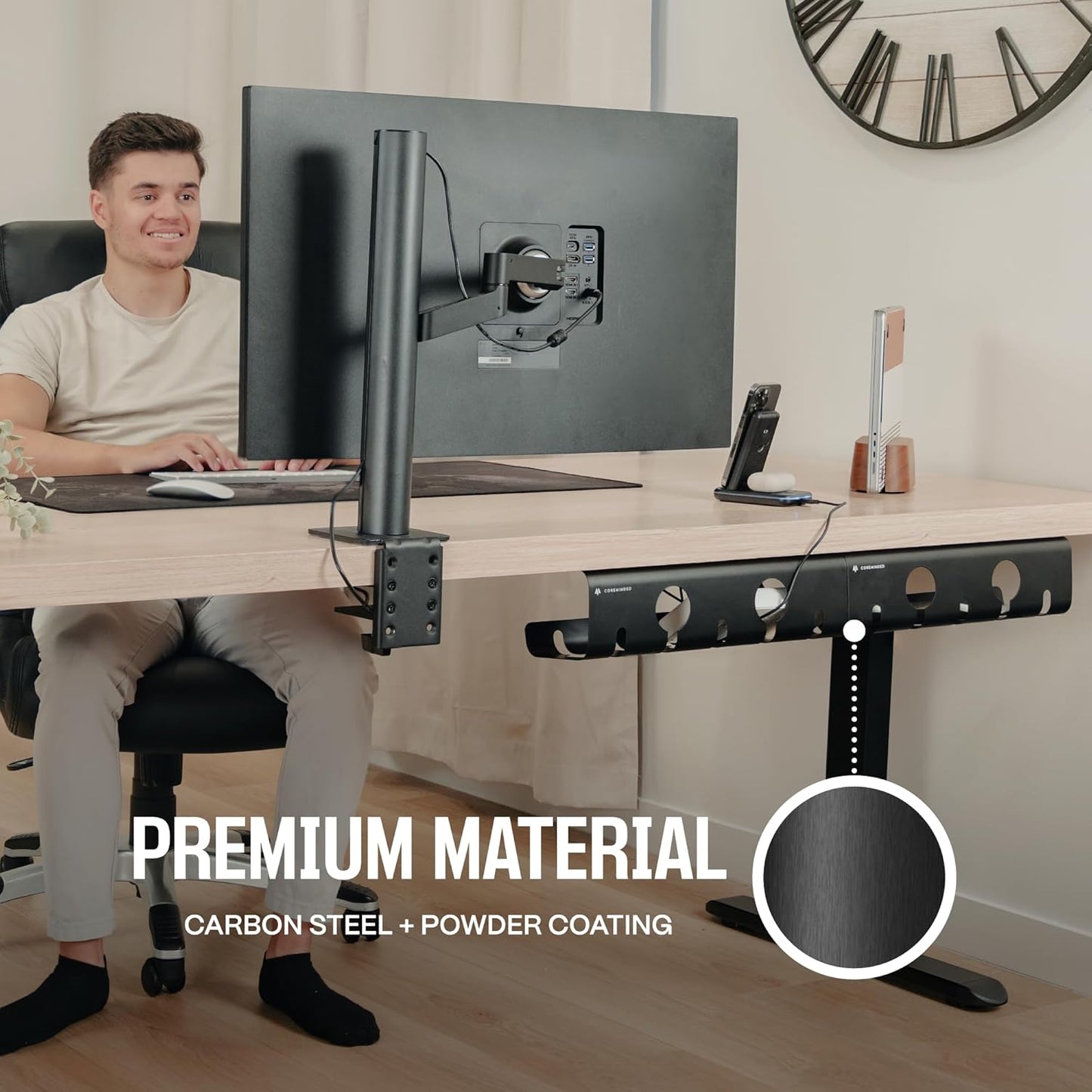 No-Drill Under Desk Cable Management Tray - 2-Pack Wire Organizer for Standing Desk - Cord Management System with Power Strip Holder - L