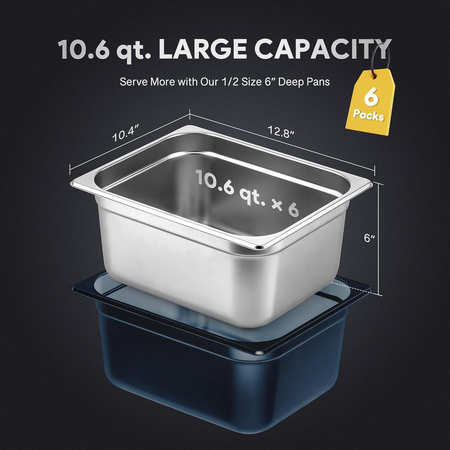 WILPREP 6 Pack Hotel Pans NSF Listed, 1/2 Size 6 in Deep Steam Table Pans with Lids, Food Grade Stainless Steel Hotel, 10.6 qt Catering Food Storage for Buffets Events Restaurants