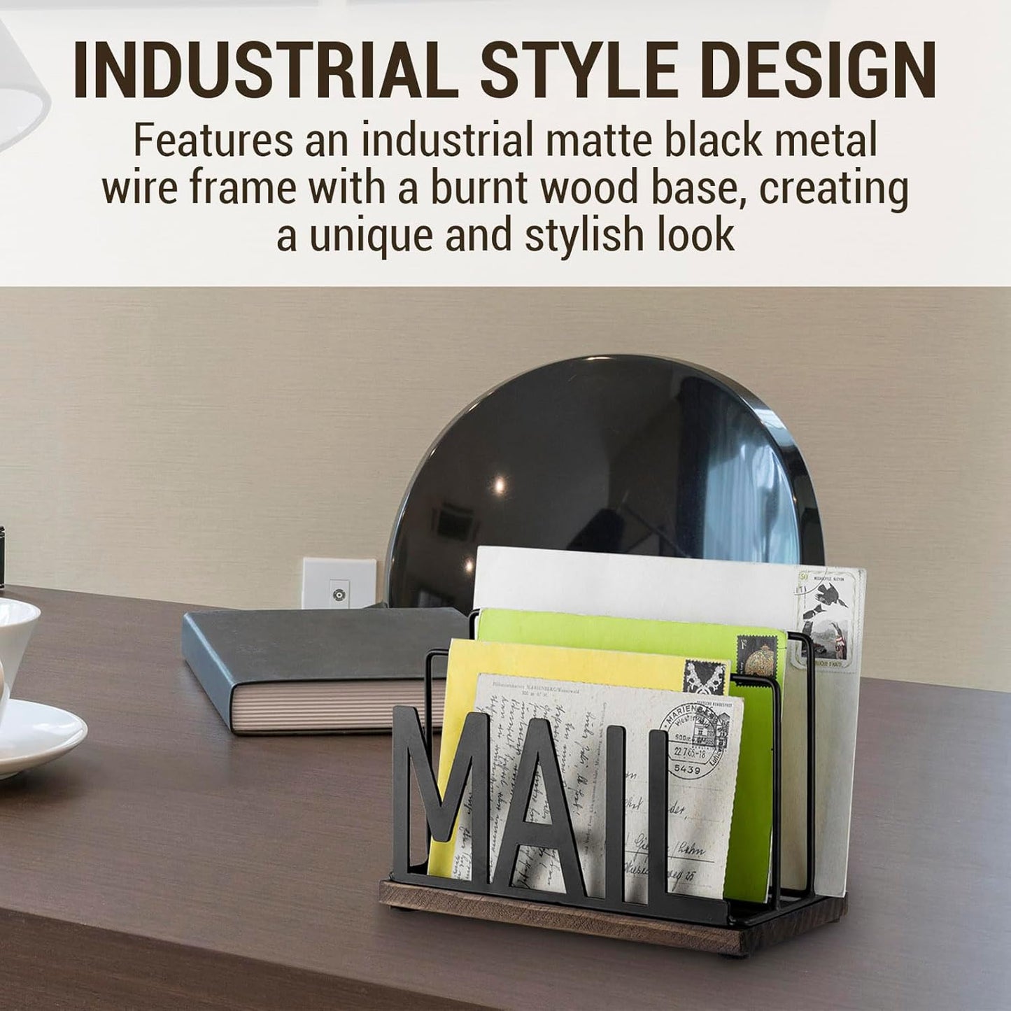 MyGift 3 Slot Industrial Matte Black Metal Wire Tabletop Mail Organizer with Burnt Wood Base – Modern Desktop Letter Sorter for Entryway, Office, or Home