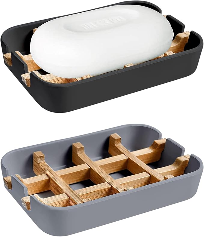 Aoheuo Modern Bamboo Fiber soap Holder and soap Dish Combination (Removable),5.12 Long by 3 Wide, 0.98 inches high, Used in Kitchens, bathrooms, and bar Sinks (Black,Gray)