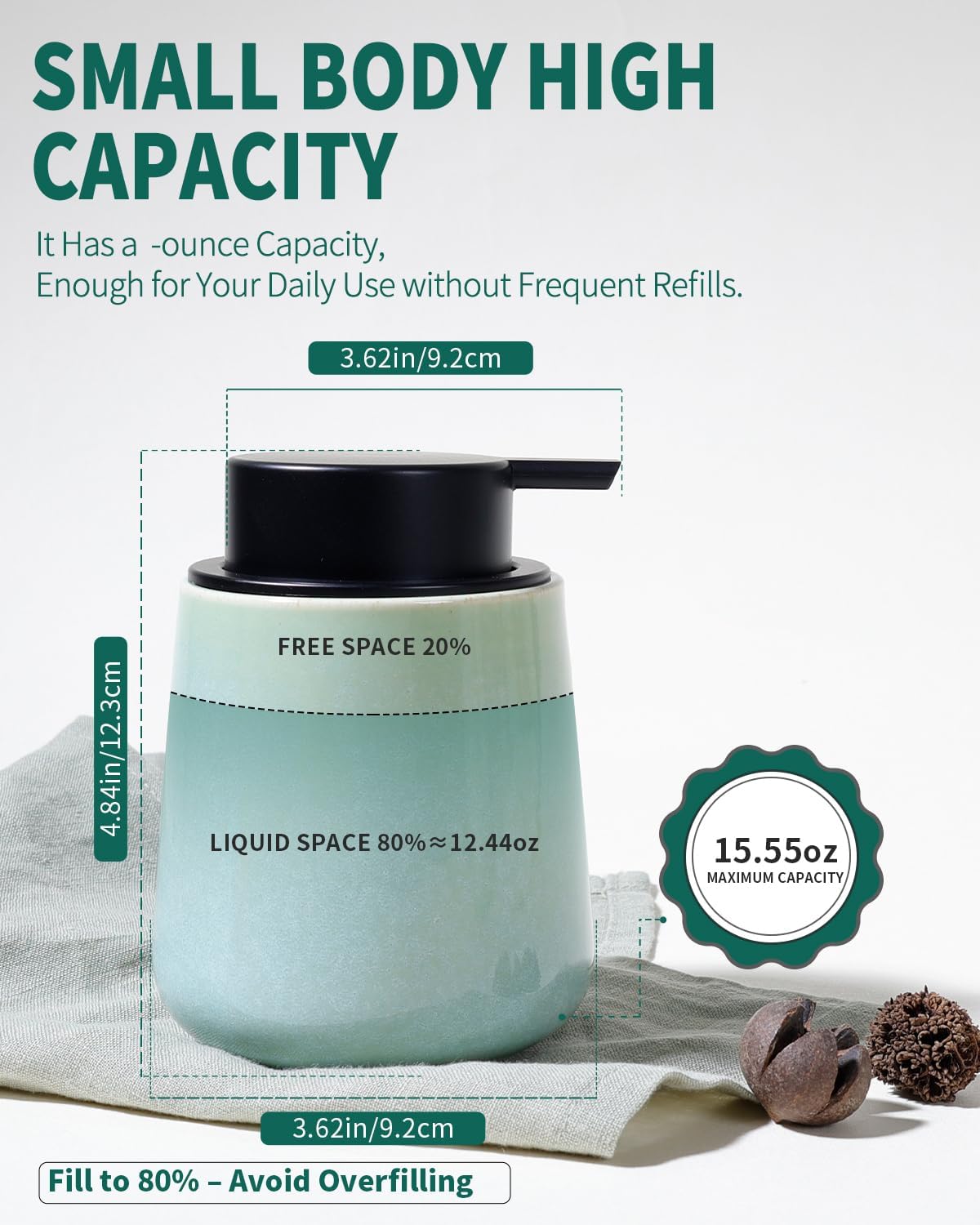 BosilunLife Hand Soap Dispenser - Ceramic Dish Soap Dispenser for Bathroom 12ounce Refillable Liquid Hand Wash Dispenser for Essential Oil, Lotion Soap, Light Green