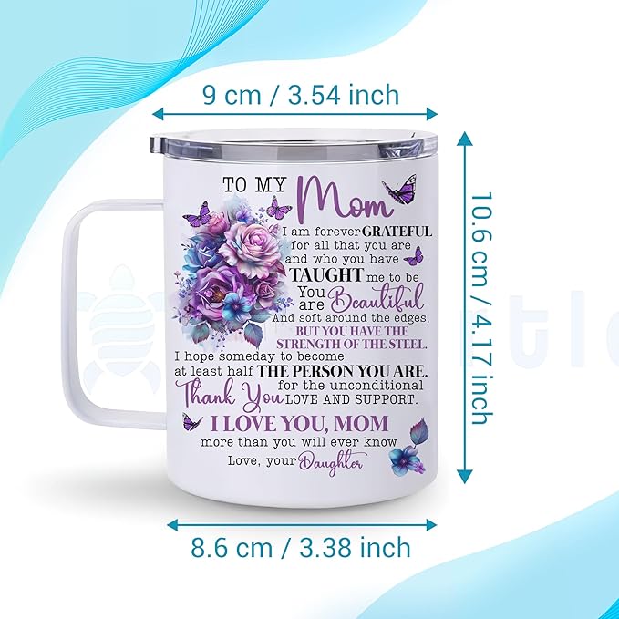 Hyturtle Mom Mug With Lid & Spoon Gifts from Daughter, 12oz Insulated Stainless Steel, Christmas Birthday Gifts for Mom Mother, Unique Purple Butterfly Gifts For Women Gift Coffee Tea Travel Cup
