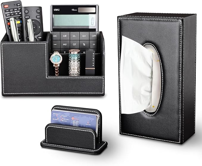 KINGFOM 3PCS/SET Desk Organizer Sets Leatherette Office Accessories Supplies Including Tissue Holder,Pencil Holder and Business Name Cards Stand Black