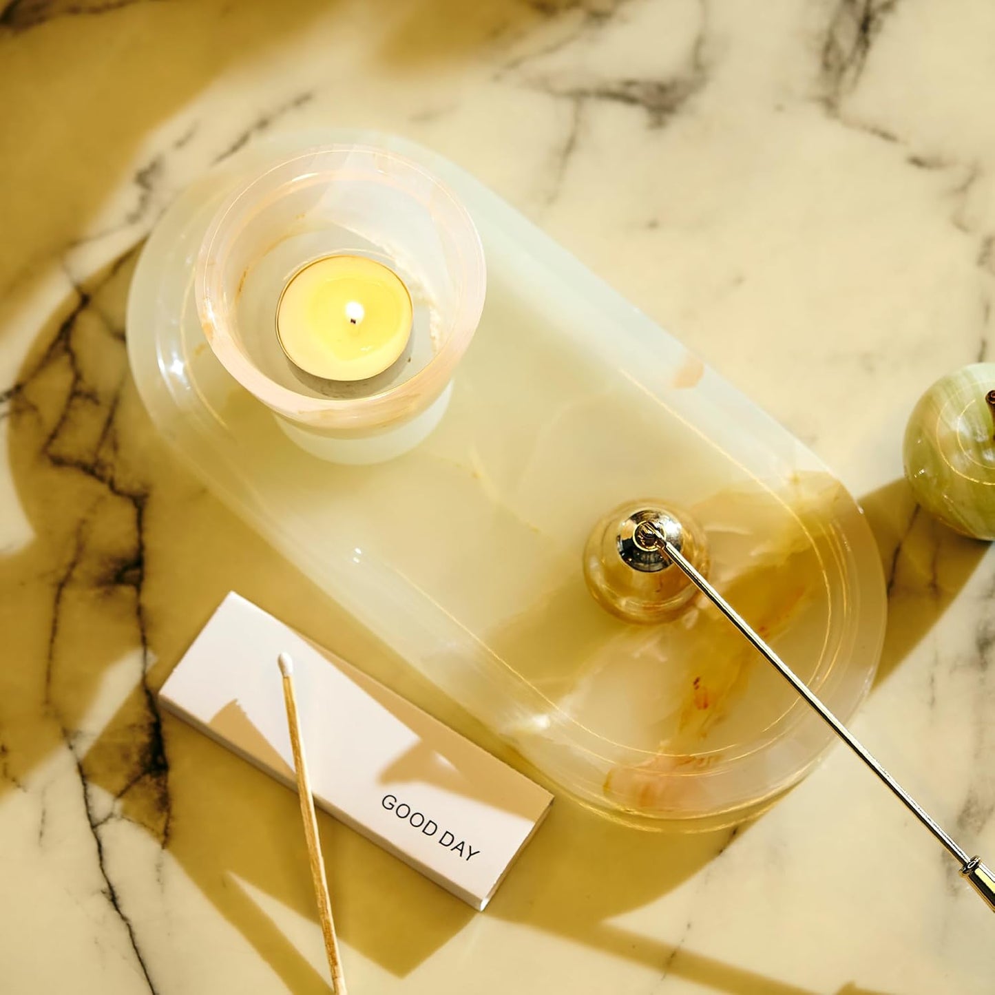 Natural Marble Decorative Tray for Countertop Organizer,Vanity Tray Trays for Jewelry Perfume Candle, Luxury Oval Stone Dish for Bathroom, Bedroom, 9.8"x4.4" Catchall Tray, White Orange