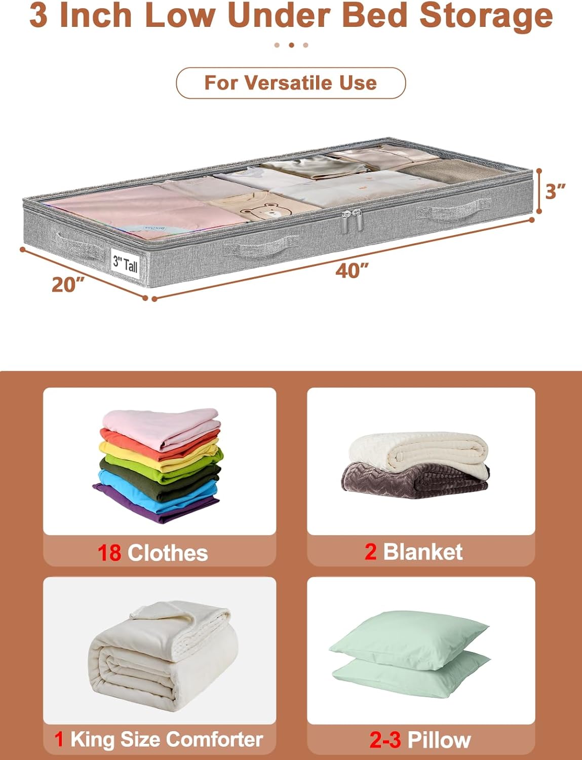 punemi 3-Inch Low Profile Under Bed Storage Containers，No-Structure, Soft Foldable Zippered Underbed Cloth Blanket Storage bins — Fits Under Crib, Couch，Sofa or Dorm bed, 4-Pack, 20x40x3in