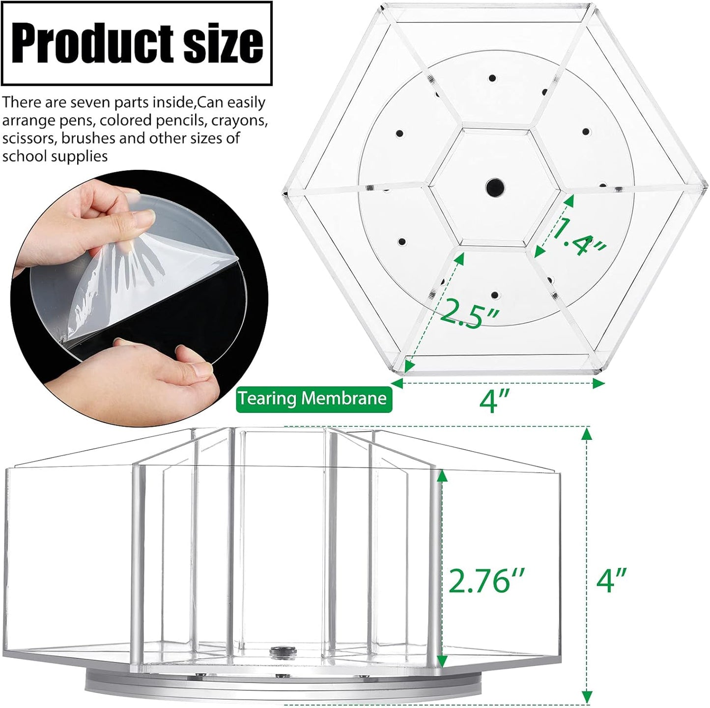 Zonon Acrylic Pen Holder Pencil Organizer 360 Degree Rotating Art Pencil Holder Organizer with 7 Compartments Acrylic Hexagon Pen Cup for Home Office Supplies(Clear)