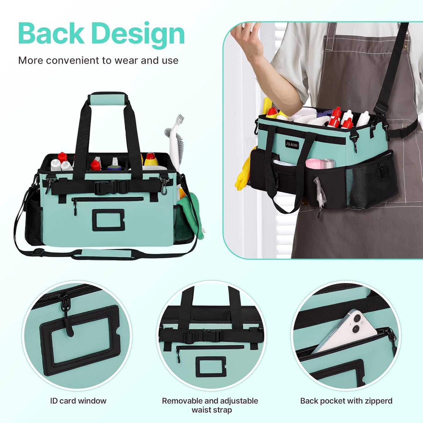 Large Wearable Cleaning Caddy Bags, Cleaning Supplies Storage Bag with Handles and Adjustable Shoulder Strap and Removable Waist Straps,Waterproof Cleaning Tote for Home,Car,Office