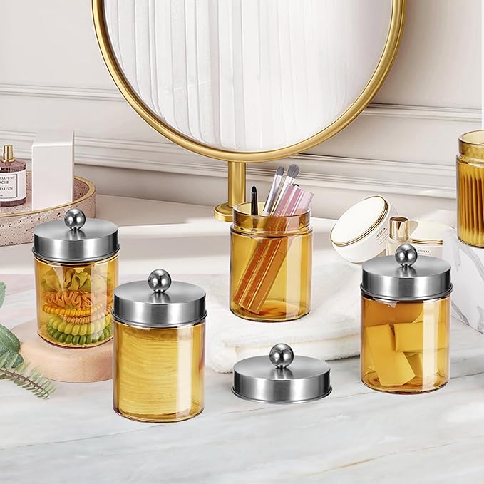 Amolliar Bronze Glass Apothecary Jar, Qtip Holder Metal Lid & Stickers, Bathroom Qtip Dispenser Storage, Canister for Cotton Balls, Cotton Swabs, Makeup Pads, Bath Salt, Floss, 4 Pack (Brushed Nickel)