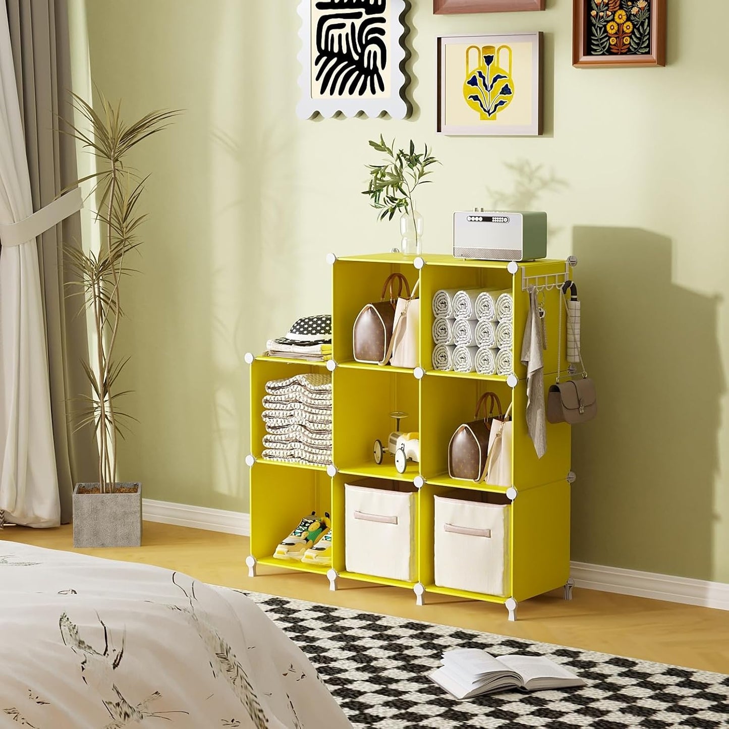 AWTATOS Cube Storage Organizer, 8 Cube Closet Organizers and Storage, DIY Stackable Bookshelf Plastic Clothes Organizer Shelving for Bedroom, Home, Yellow