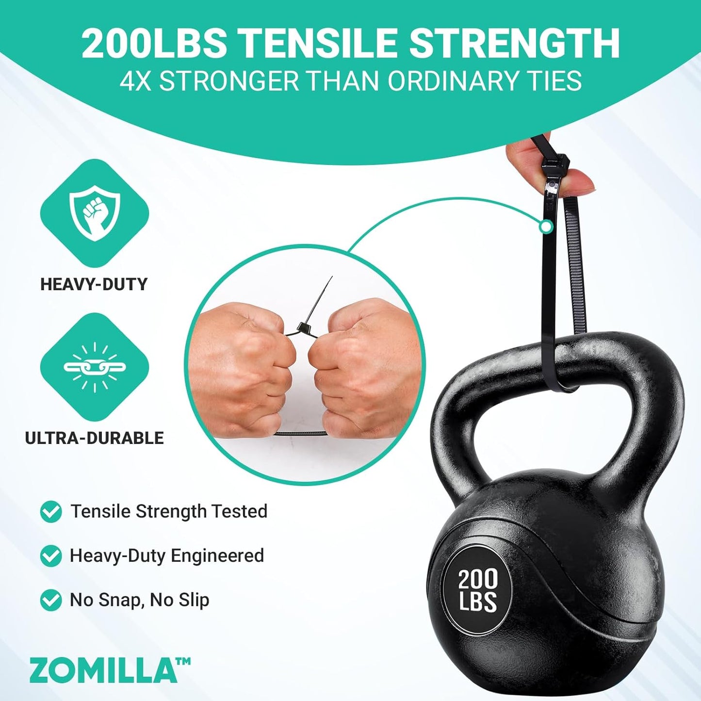 Heavy Duty Zip Ties 12 Inch, Zomilla Cable Ties With 200 LBS Tensile Strength, 100 PCS Zip Ties For Outdoor & Indoor Use, Extra Strong Self-Locking Zipties, UV Resistant Nylon Cable Tie - Black