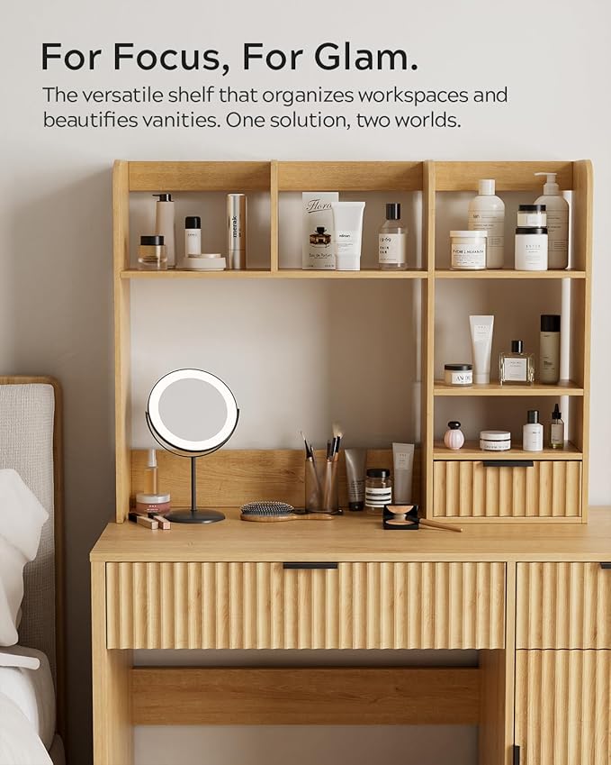 Desktop Bookshelf, Wood Desk Shelf with Fluted Drawer and 5 Shelves, Countertop Desk Hutch for Computer Desk, 3-Tier Display Rack Desk Shelf Storage Organizer for Dorm, Office, Natural Oak