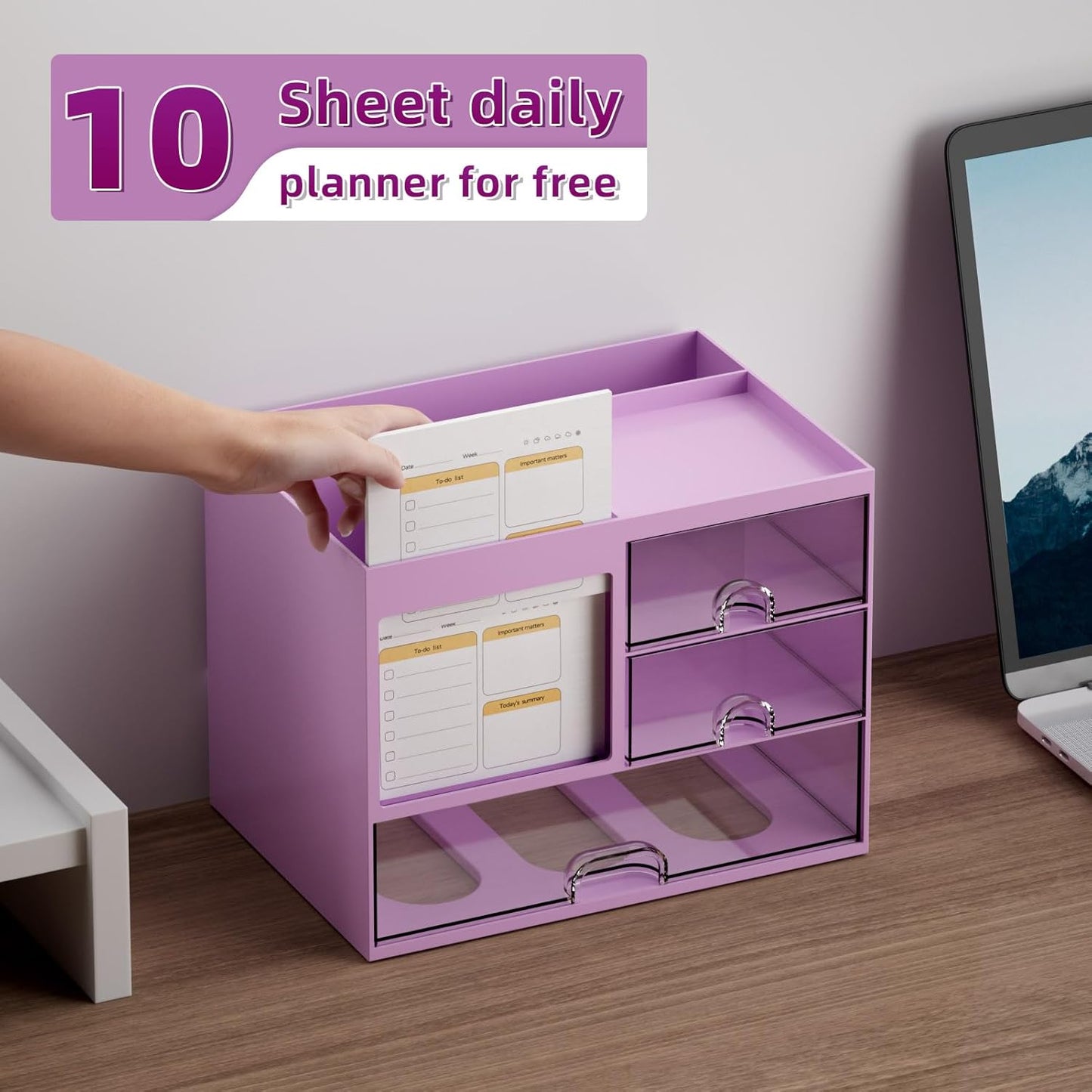 Marbrasse Desk Organizer with 3 Drawer, Multi-Functional Pencil Pen Holder, Desk Organizers and Accessories with 4 Compartments,Desktop Organizer Storage for Office Home Art Supplies (Purple)