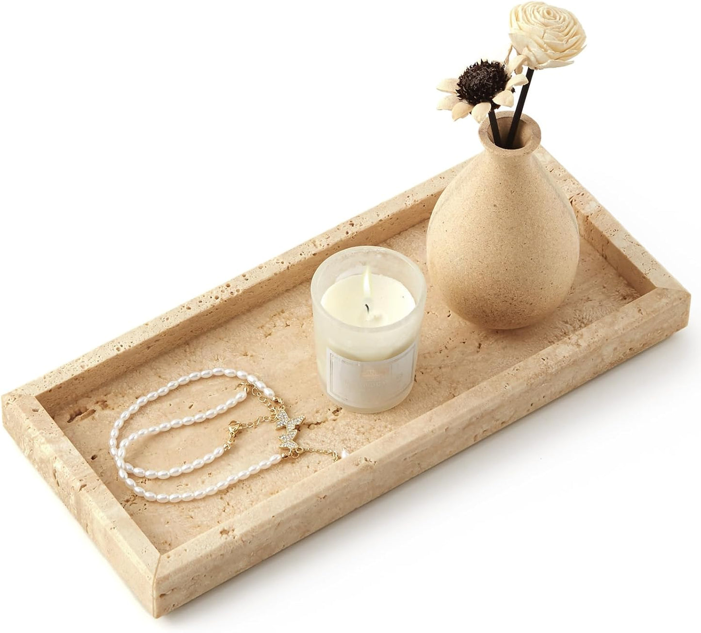 Real Natural Small Marble Tray for Bathroom, Vanity, Kitchen and Desktop, Rectangle Genuine Marble Stone Tray for Jewelry, Cosmetics, Candles, Lotion, Perfume and Home Decor