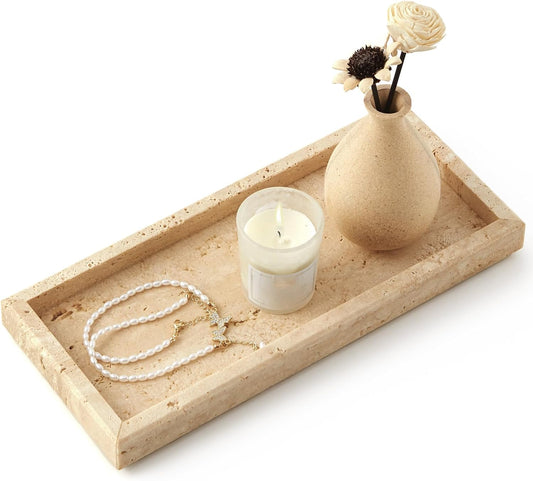 Real Natural Small Marble Tray for Bathroom, Vanity, Kitchen and Desktop, Rectangle Genuine Marble Stone Tray for Jewelry, Cosmetics, Candles, Lotion, Perfume and Home Decor