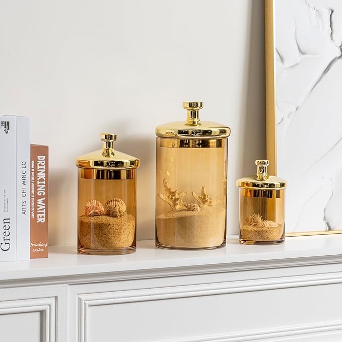 MyGift Glass Apothecary Jar Set with Brass Lids, Decorative Kitchen and Bathroom Storage Canisters, Wedding Centerpiece Jars, Candy Buffet Containers